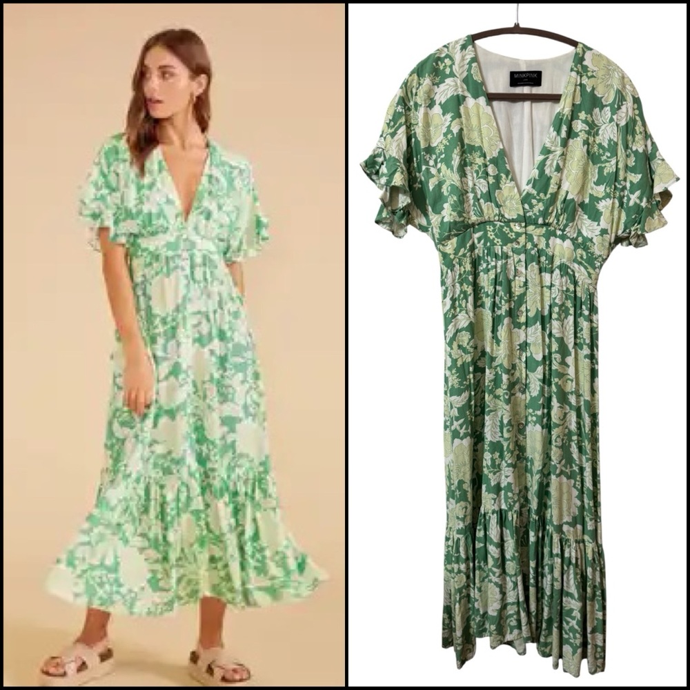 MINKPINK Felicia Linen Cotton Floral Midi Ruffle Tropical Smocked Waist Green